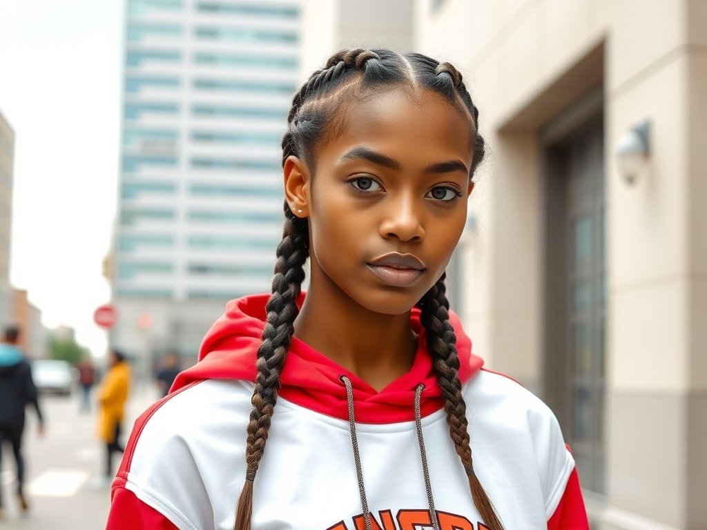A young woman with bold Dutch braids wearing a red hoodie, standing in an urban setting.