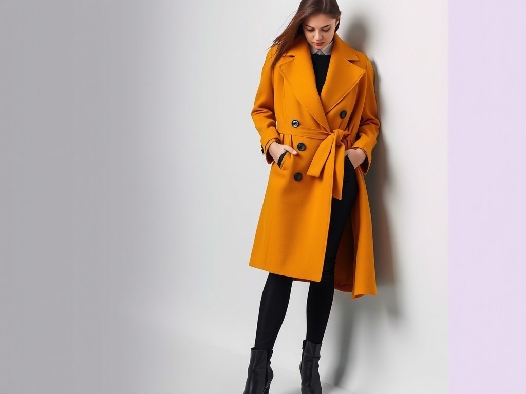 A fashion model wearing a mustard wrap coat with leggings and matching boots, styled with a scarf.