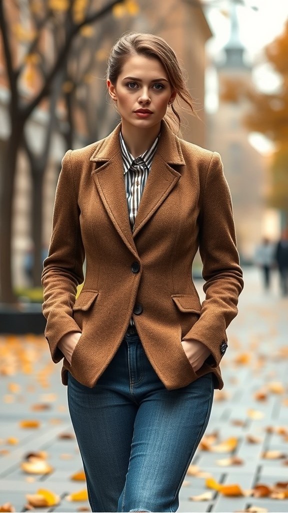A person wearing a warm wool blazer and denim jeans, standing in an autumn setting with fallen leaves.