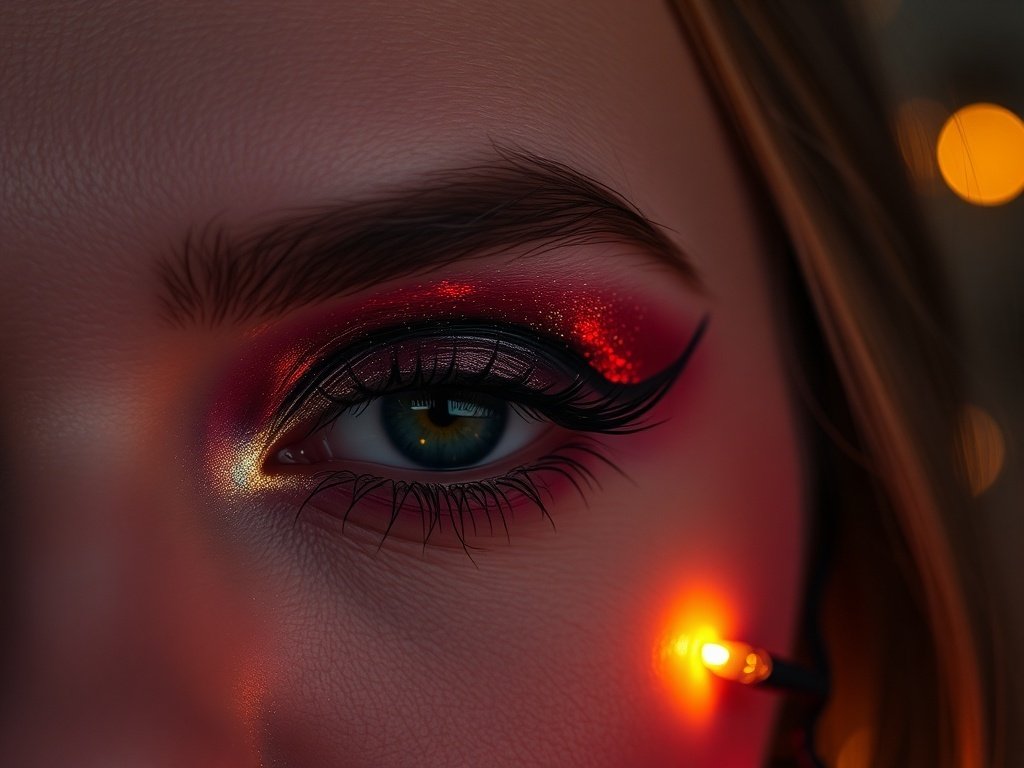 Close-up of a halo eye makeup look featuring gold and plum shadows, with a festive atmosphere.