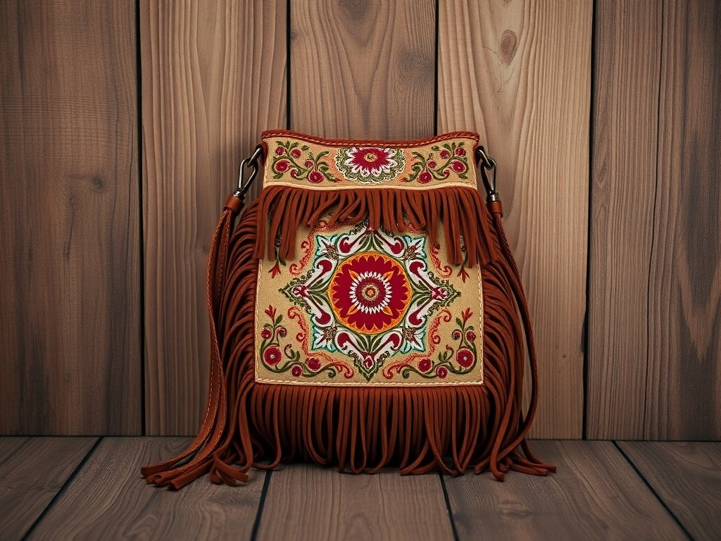 Boho fringe purse with colorful embroidery against a wooden background