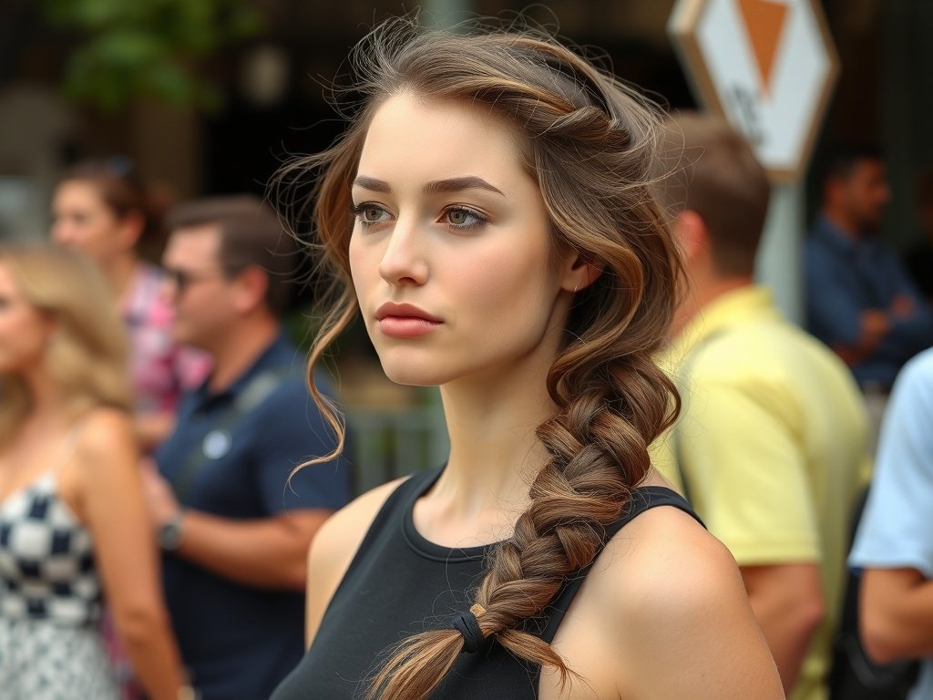 A woman with a side-swept braid, showcasing a polished and flirty hairstyle.
