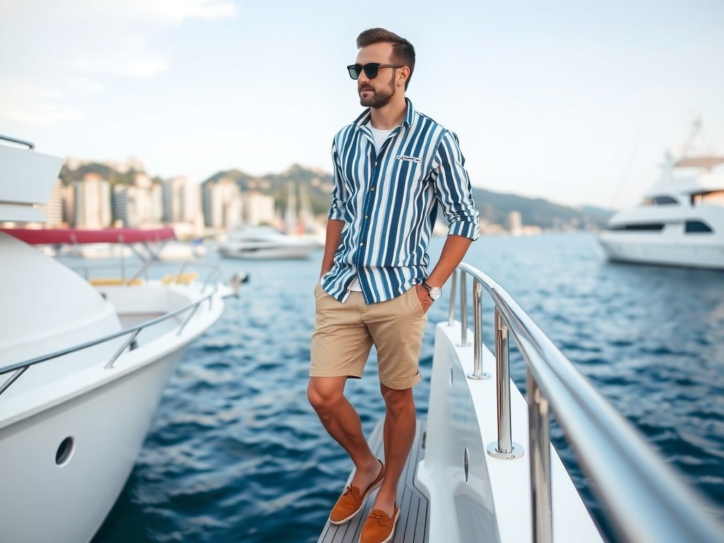 A man in a striped shirt and shorts stands on a yacht, wearing boat shoes and sunglasses, with a scenic view of Monaco in the background.