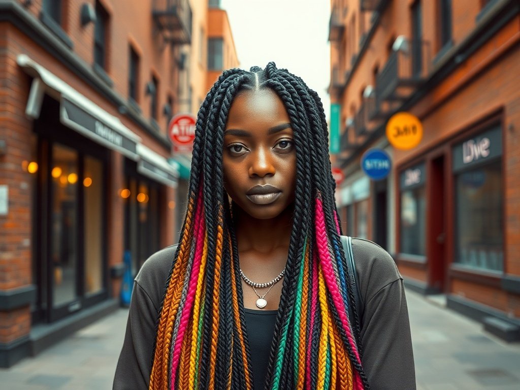 A woman with colorful box braids standing in a city street, showcasing a vibrant hairstyle.