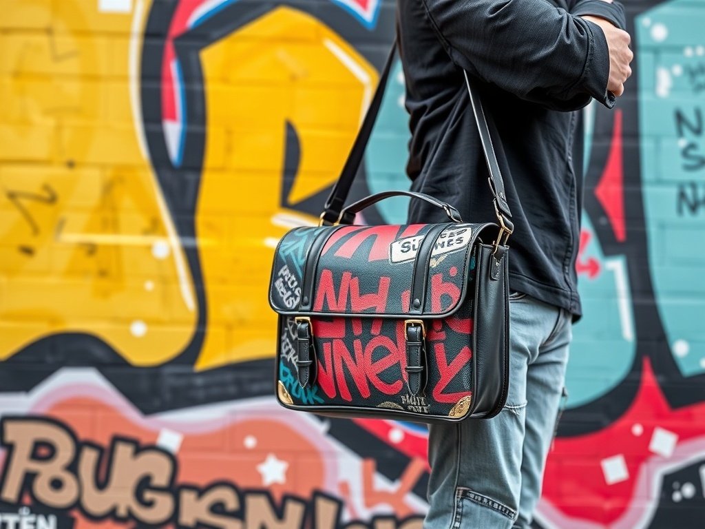 Graffiti-print leather messenger bag hanging in front of a colorful graffiti wall