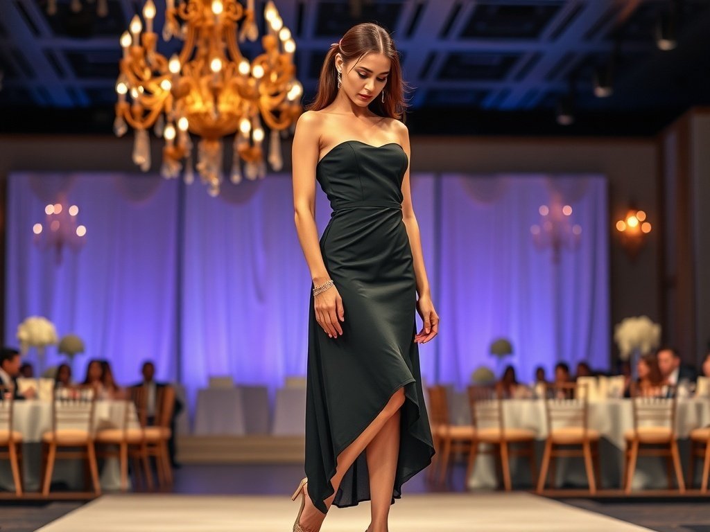 A fashion model posing in a black asymmetrical hemline dress with a classy hairstyle and matching shoes and jewelry.