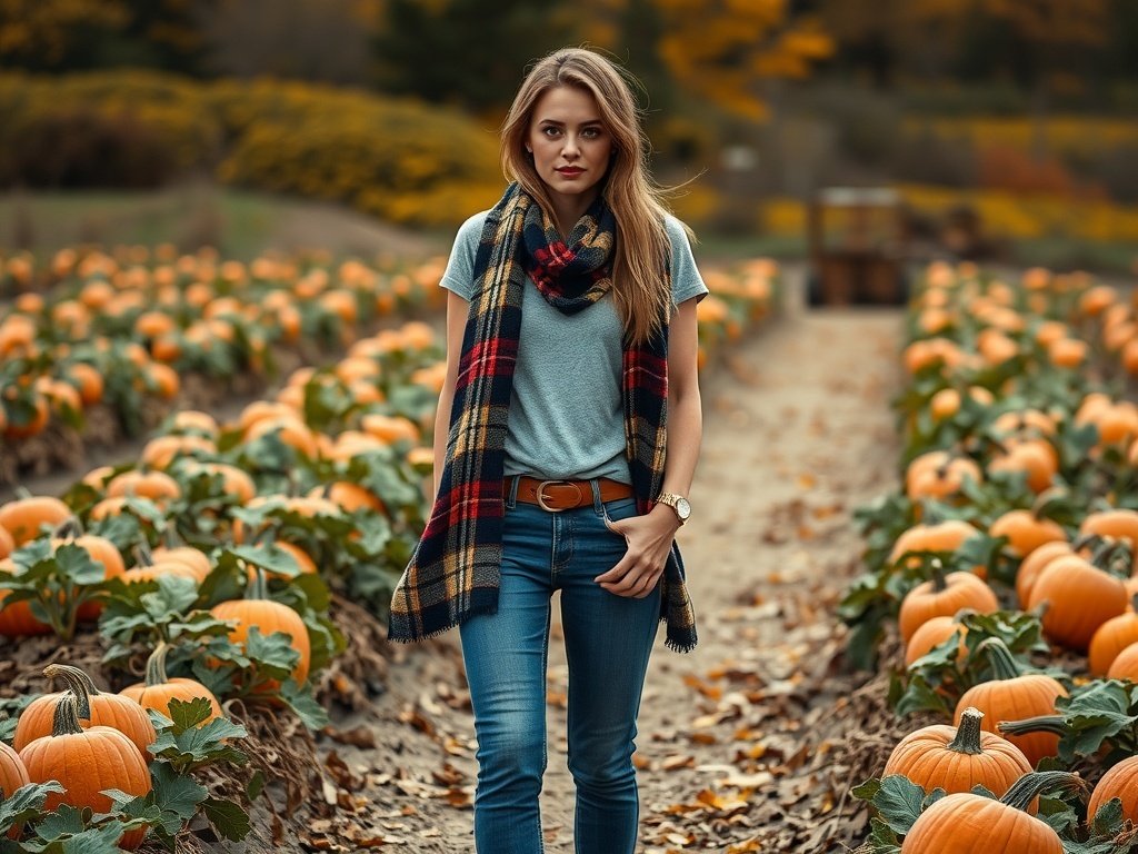 Fashion model wearing a plaid scarf, basic tee, and jeans in a pumpkin patch.
