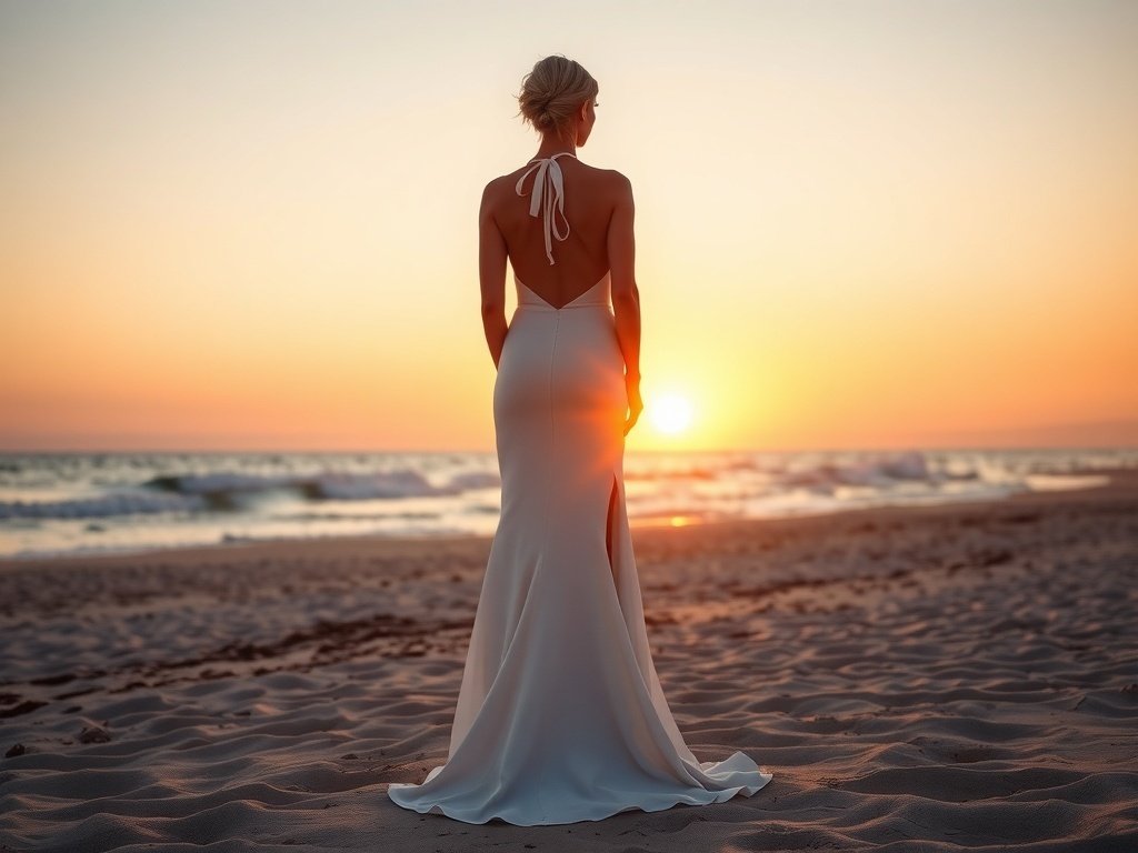 A bride in a halter neck dress with a slit and open back, standing on the beach at sunset.
