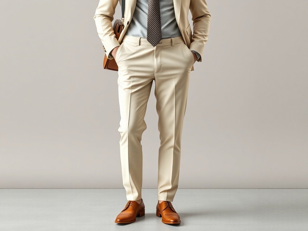 A businessman wearing an ivory suit with taupe accessories, including a tie, shoes, and carrying a briefcase and computer bag.