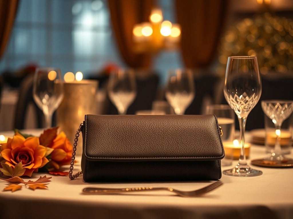 A classic black clutch on a dining table with elegant decor.