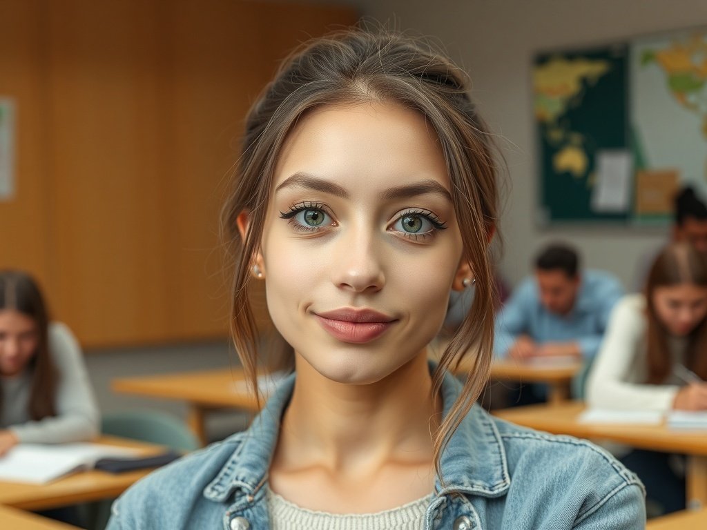 A young woman with neutral eye makeup and nude lipstick, looking confident in a classroom setting.