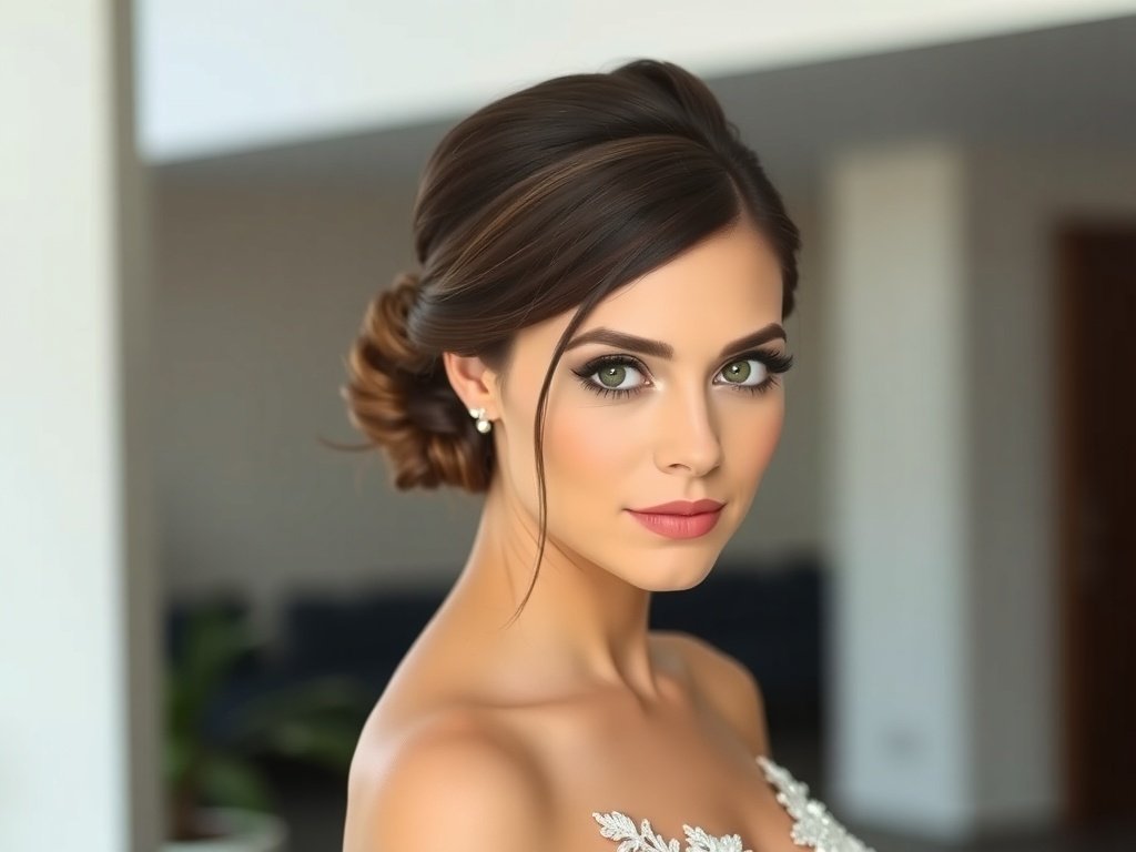 Bride with a sleek low ponytail and side part, showcasing an elegant bridal look.