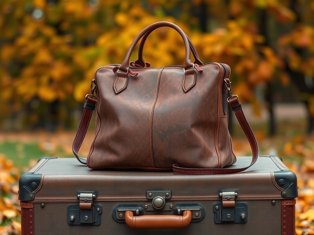 Vintage-inspired frame bag on a suitcase surrounded by autumn leaves.