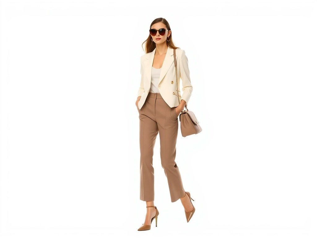 Ivory tailored blazer with taupe trousers, matching shoes, handbag, and sunglasses worn by a fashion model.