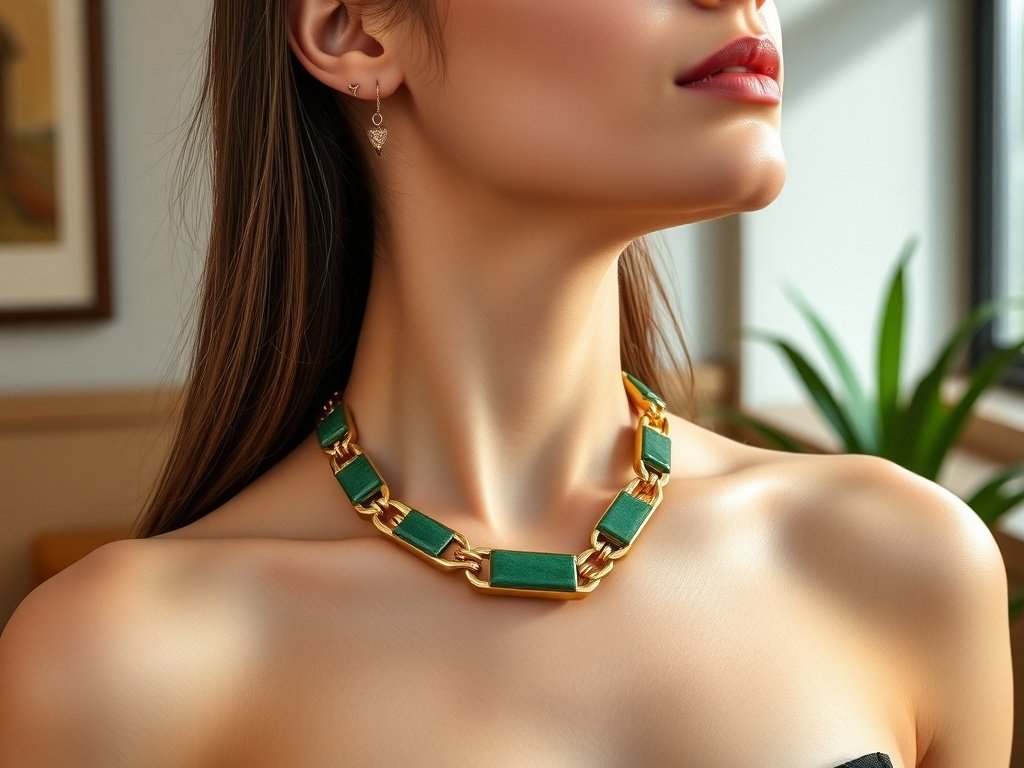Modern jade and gold link necklace with matching stud earrings