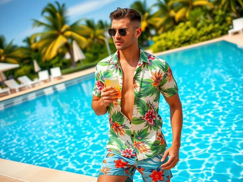 A man in a tropical print short-sleeve shirt and swim trunks, standing by a pool with palm trees in the background.