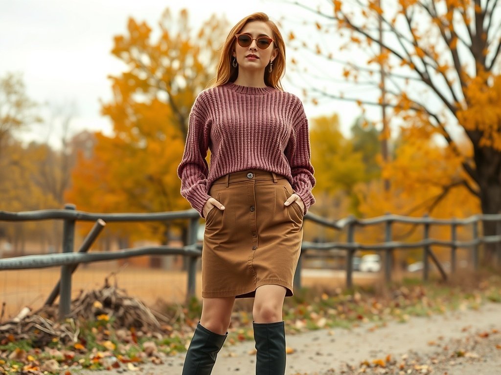 Fashion model wearing a cropped sweater and high-waisted skirt in an outdoor autumn setting