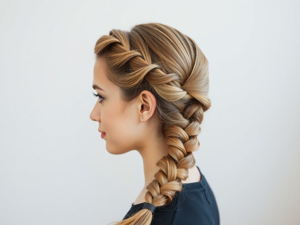 A woman with a classic French braid hairstyle, showcasing neat and elegant braiding.