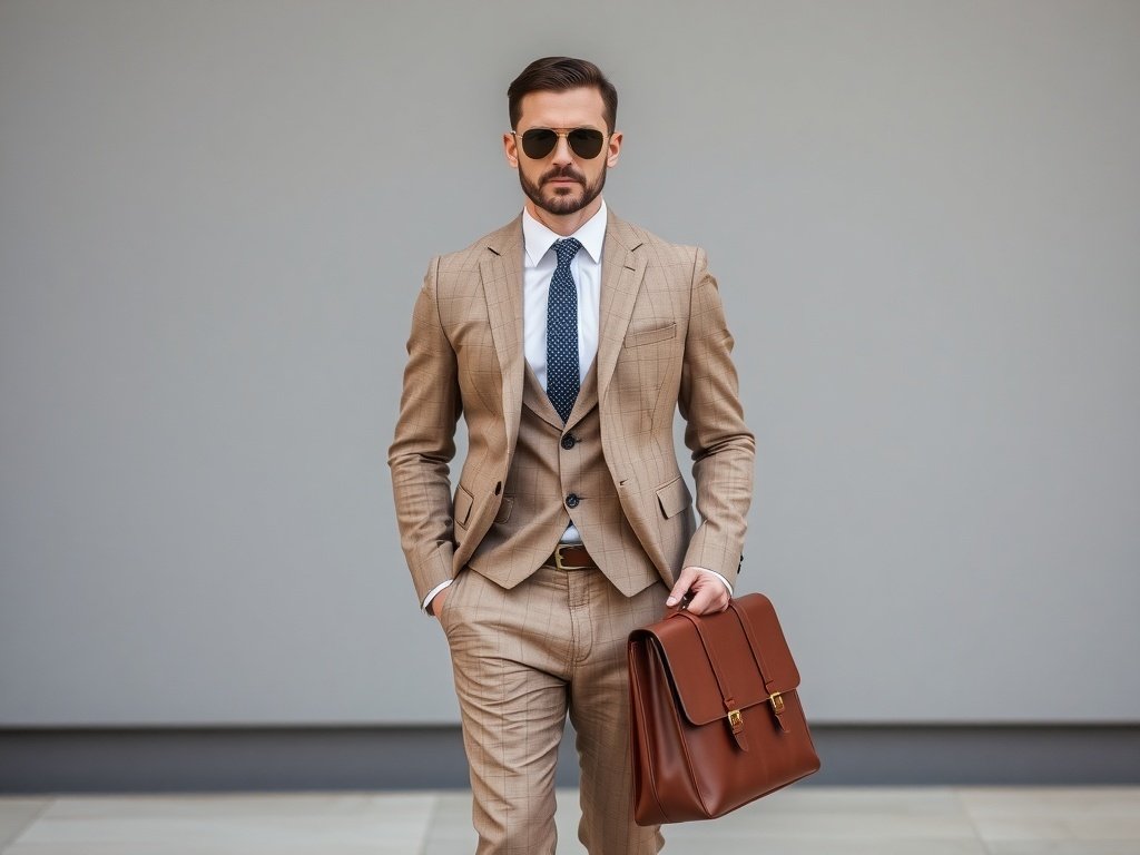 A businessman in a taupe suit with sunglasses, holding a brown briefcase, showcasing a smart casual look.