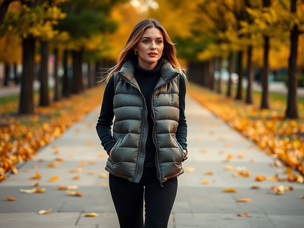 Fashion model wearing a puffer vest over a long-sleeve top, walking on a leaf-covered path lined with trees.