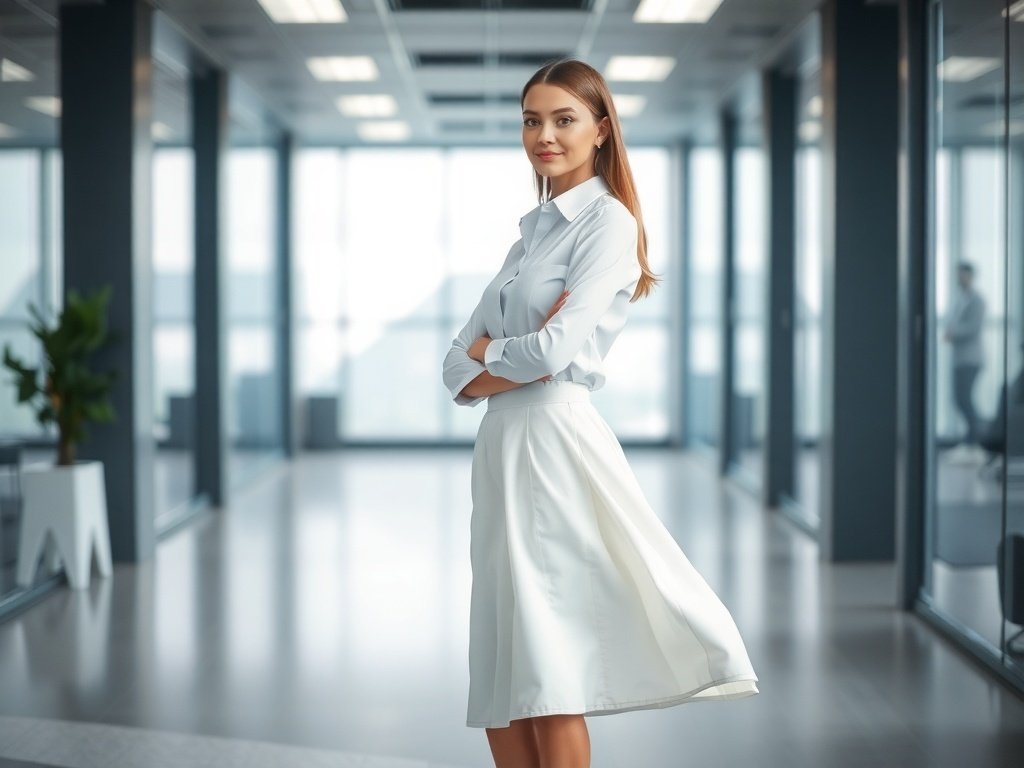 A woman in a classic white shirt and A-line skirt standing confidently in a modern office space.