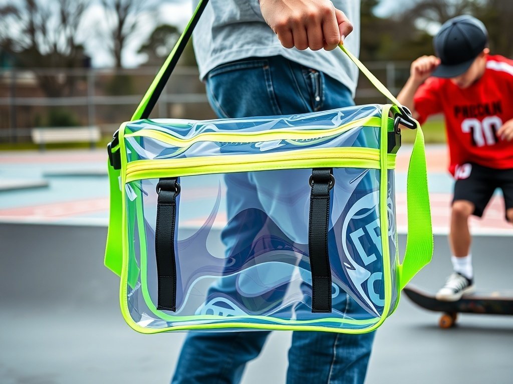 A transparent PVC messenger bag with neon trim, placed on a skateboard in an urban setting.