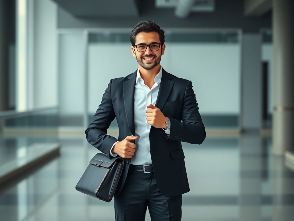 A professional business man in a black suit, white shirt, and tie, holding a briefcase, standing confidently.
