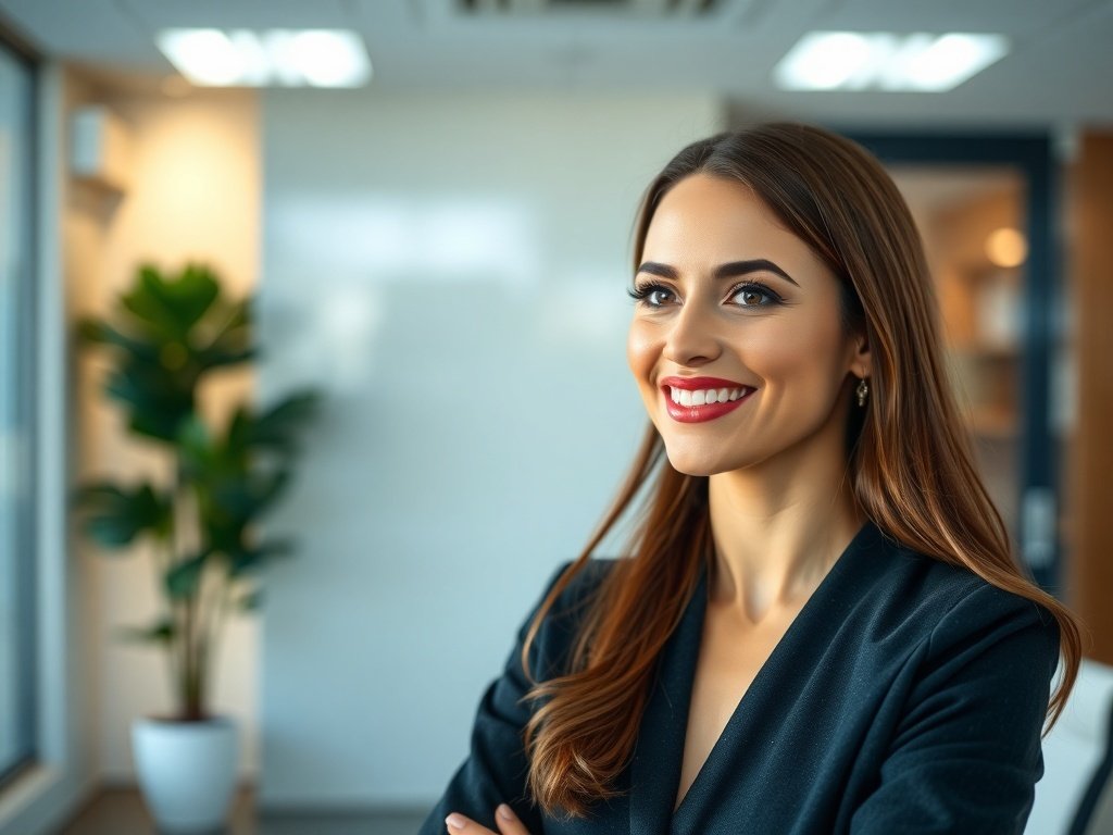 A professional woman with subtle contour makeup and warm lipstick, smiling confidently in an office setting.