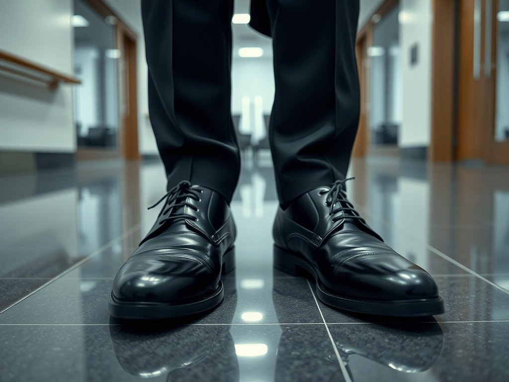 A close-up view of classic black Oxford shoes worn by a man in a formal office setting.