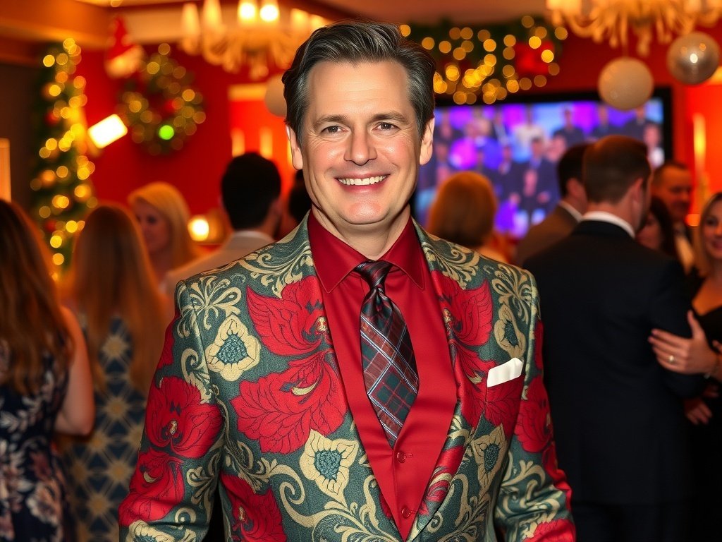 A man in a bold patterned orange and black suit at a holiday gathering.