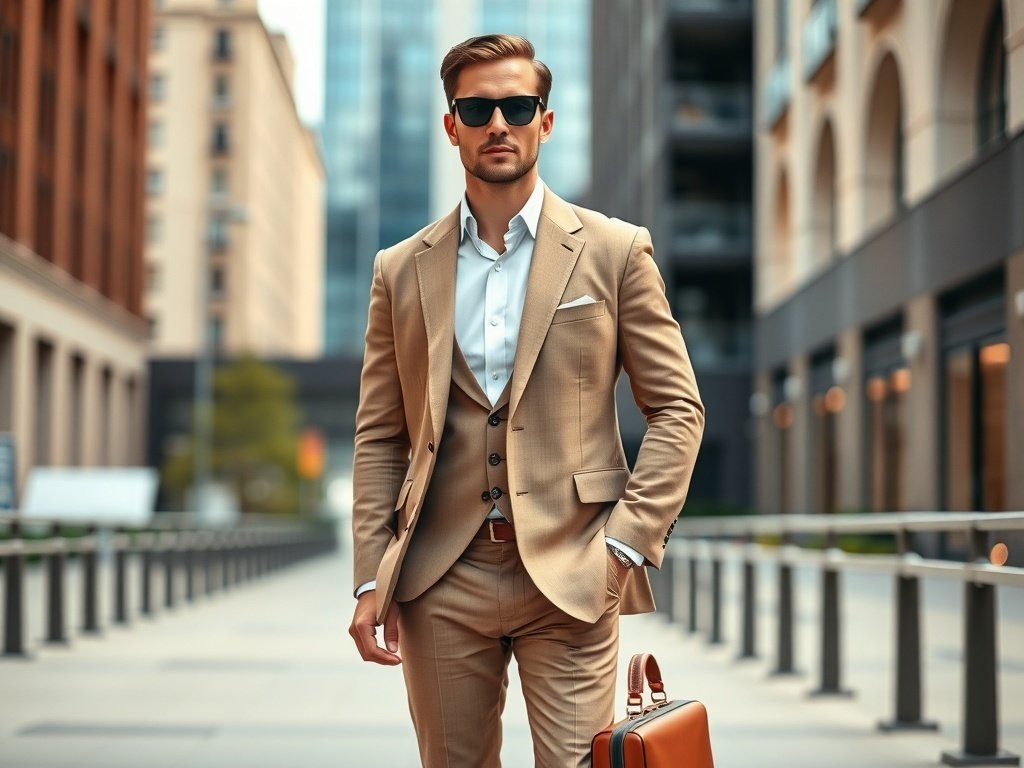 A businessman wearing a tailored taupe suit with a crisp white shirt, sunglasses, and a briefcase, standing confidently in an urban setting.