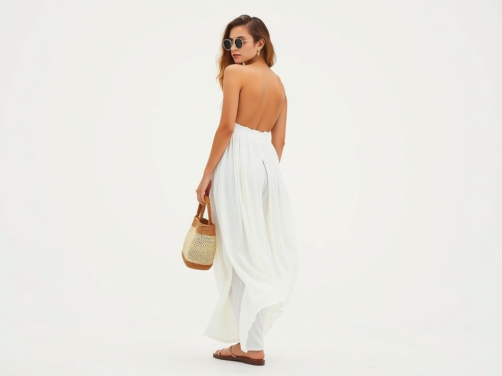 A fashion model wearing a flowing white backless maxi dress, with sunglasses, a handbag, and stylish footwear.