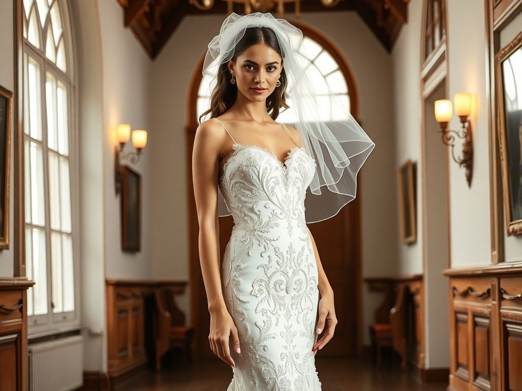 A model in a chic column bridal dress with beaded detailing, set in a vintage hall.