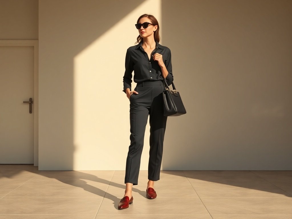 A woman in a smart jumpsuit with loafers, holding a handbag and wearing sunglasses.