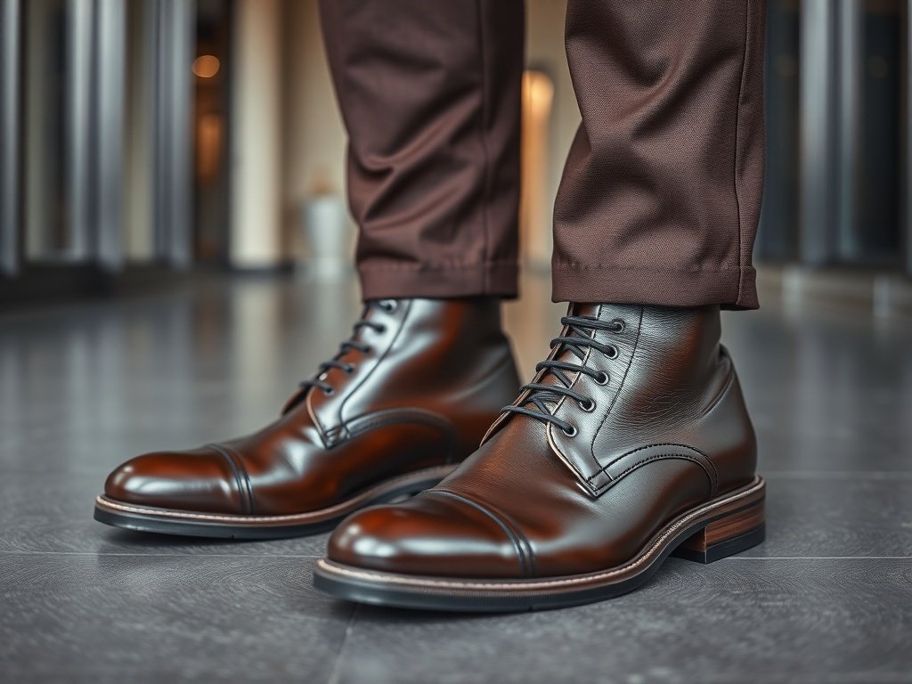 A close-up of a man's brown leather dress boots, paired with tailored trousers, in a sleek office environment.