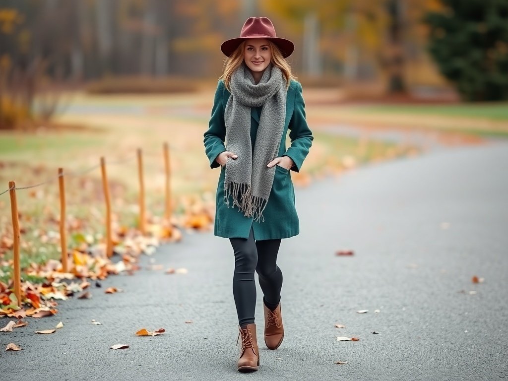 A fashion model wearing a forest green peacoat, black leggings, and a gray scarf, walking through an autumn landscape with fallen leaves.
