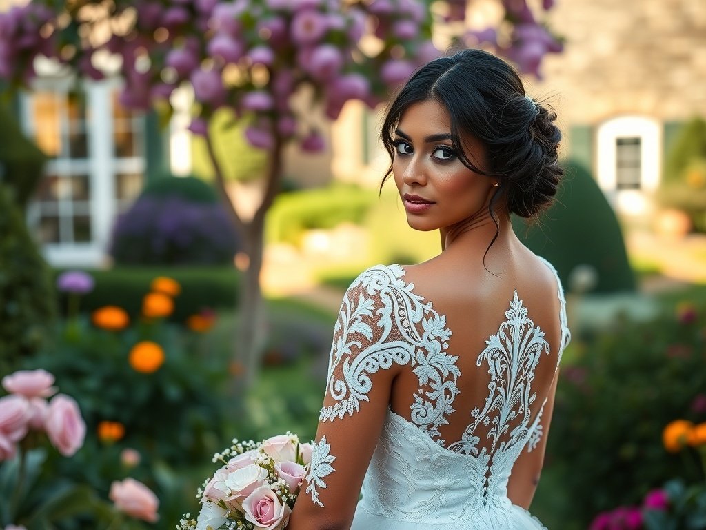 Bride in a High Neck Victorian Lace wedding dress with intricate lace detailing, set in a beautiful garden.