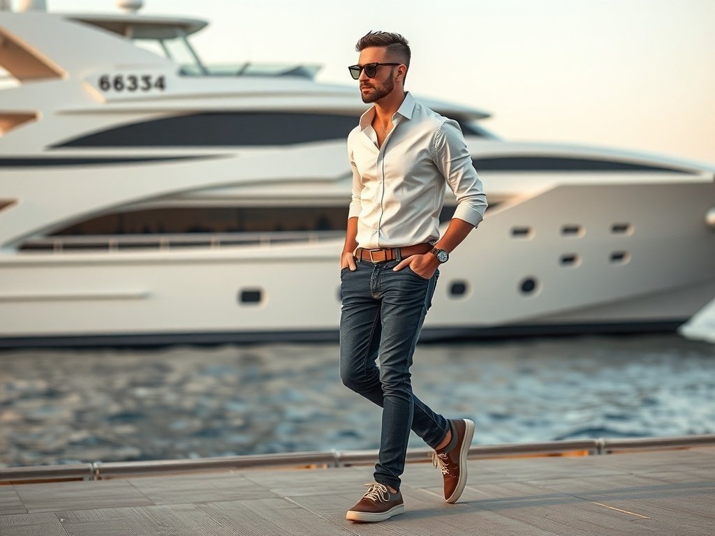 A stylish man in a white shirt and tailored jeans walking by a luxury yacht.