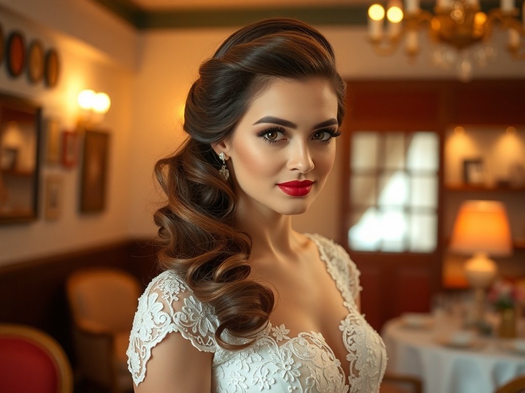 Bride with Hollywood waves hairstyle, wearing a lace wedding dress, in a softly lit indoor setting.