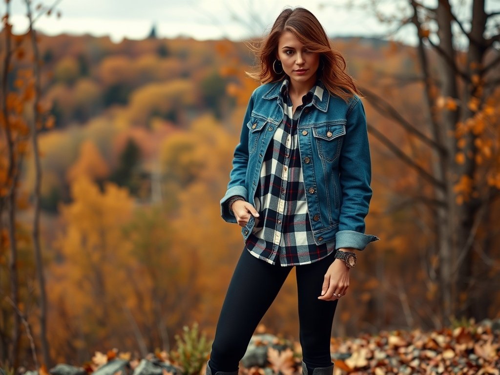 Fashion model wearing a denim jacket and flannel shirt in an outdoor fall setting.