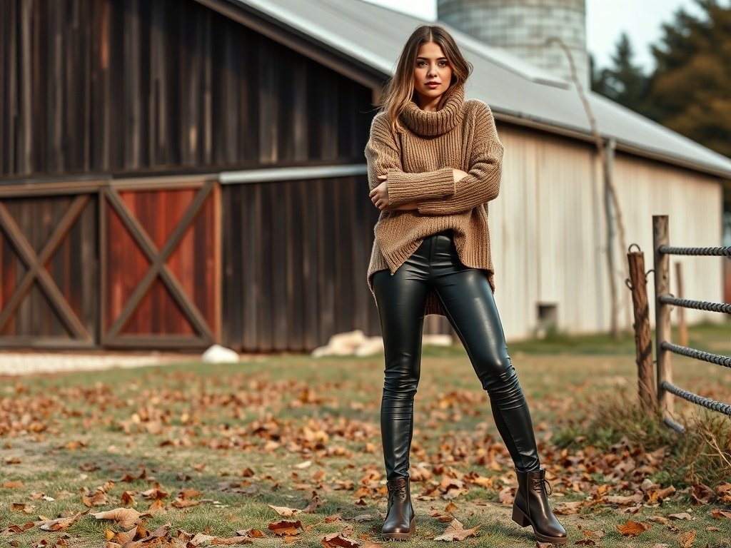 A fashion model wearing faux leather leggings and an oversized sweater, standing outdoors with a barn in the background.