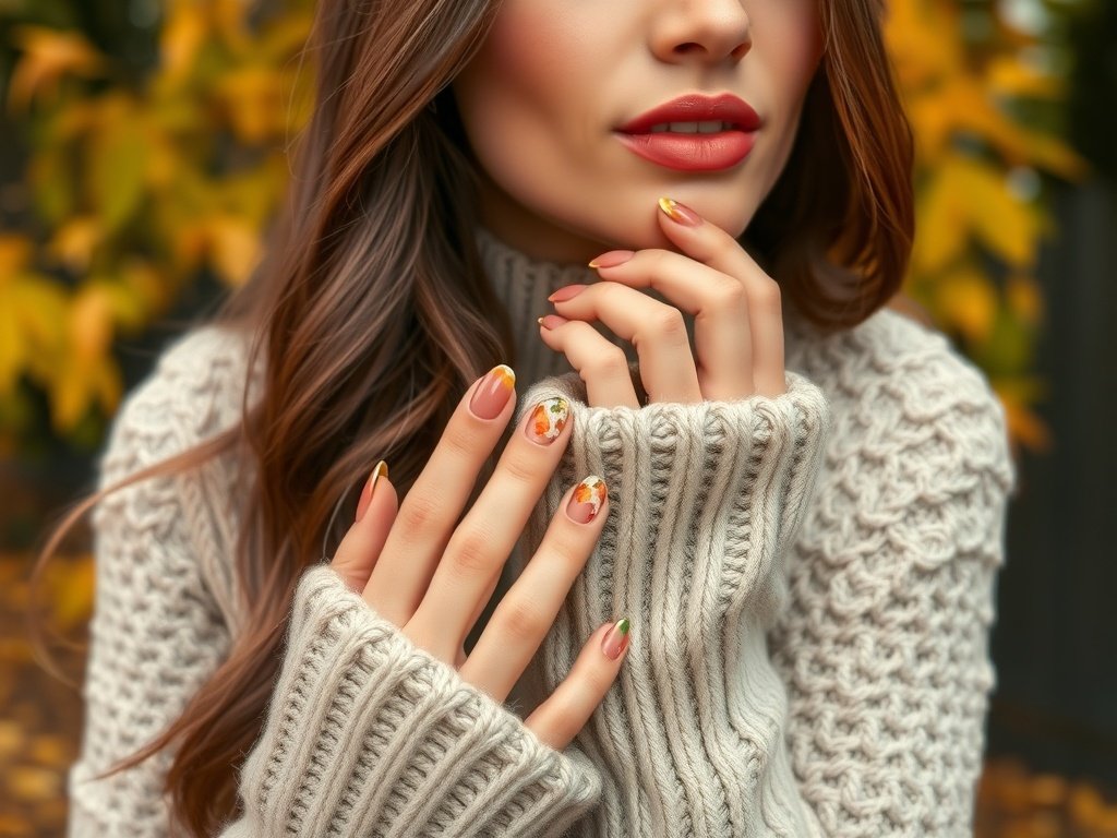 A fashion model showcasing earthy neutral toned nails against an autumn background.