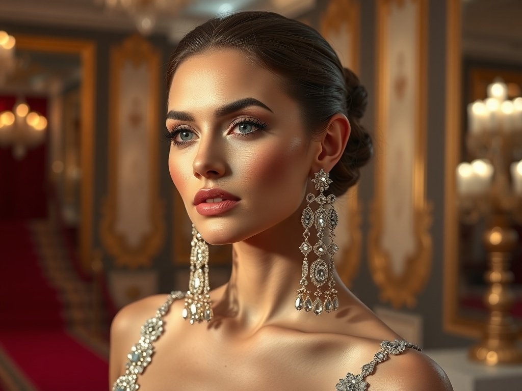 Close-up of a model wearing crystal and gem-encrusted chandelier earrings, showcasing their sparkle and intricate design.