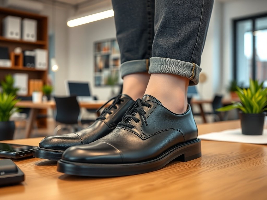 A pair of black soft leather oxfords worn with rolled-up trousers in a modern office setting.