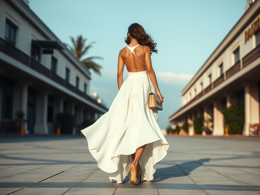 Fashion model wearing a high-low backless white dress with elegant hairstyle, matching footwear, sunglasses, and handbag.