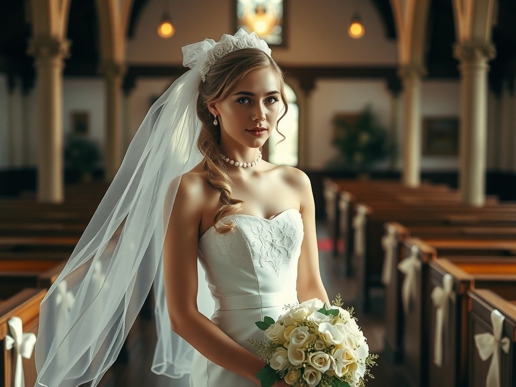 A model in an off-white bridal dress with ribbons and pearls, standing in a vintage hall with a bouquet.