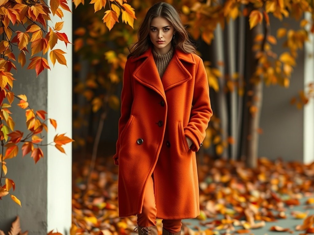 A fashion model wearing a rust wool overcoat, leggings, and knee-high boots, standing amidst autumn leaves.
