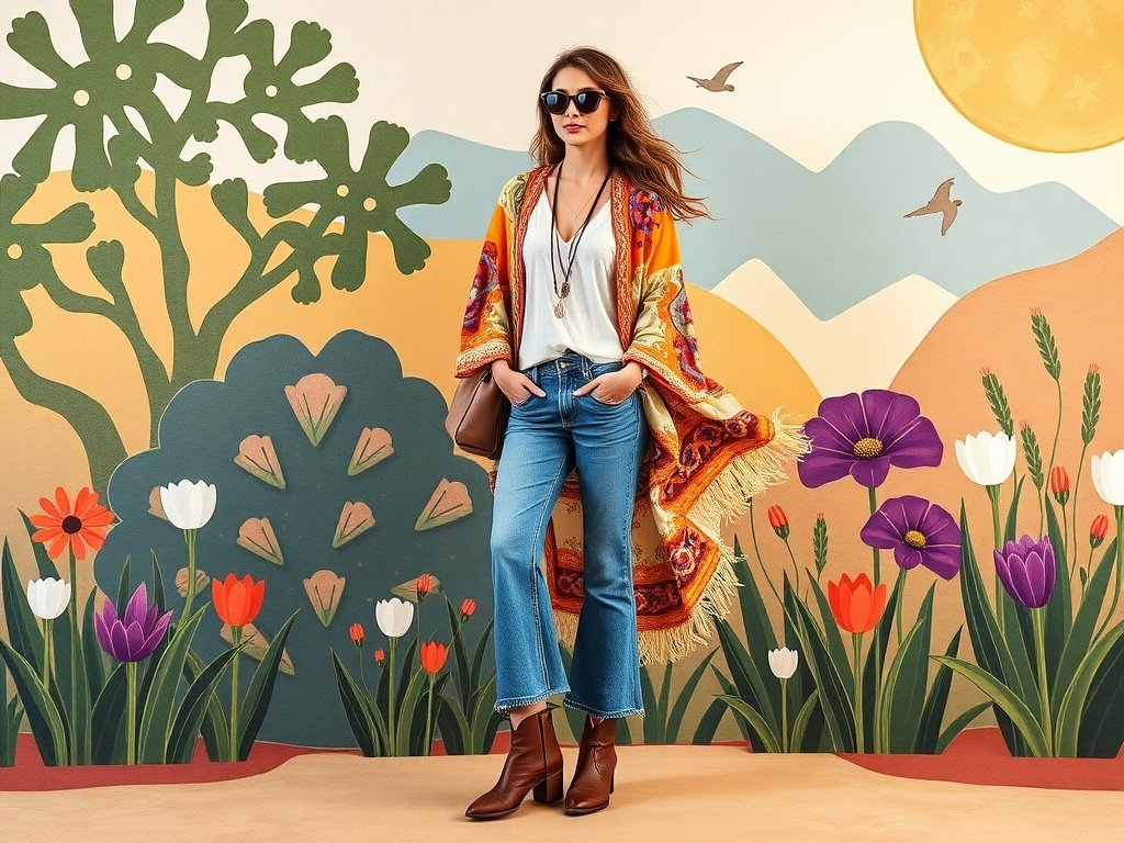 A woman in wide leg jeans and a flowing kimono, accessorized with sunglasses and stylish shoes, set against an artsy background.