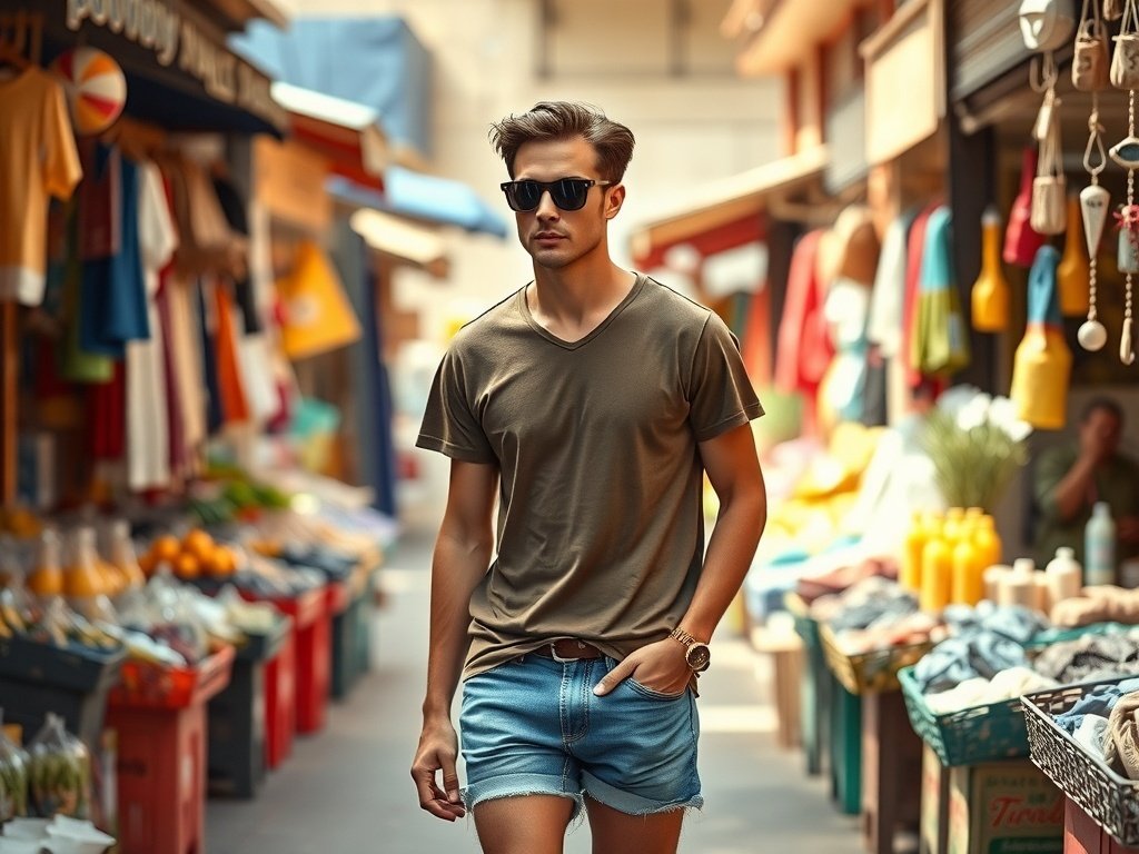 A fashion model wearing a breathable t-shirt and denim shorts, walking through a vibrant market with sunglasses.