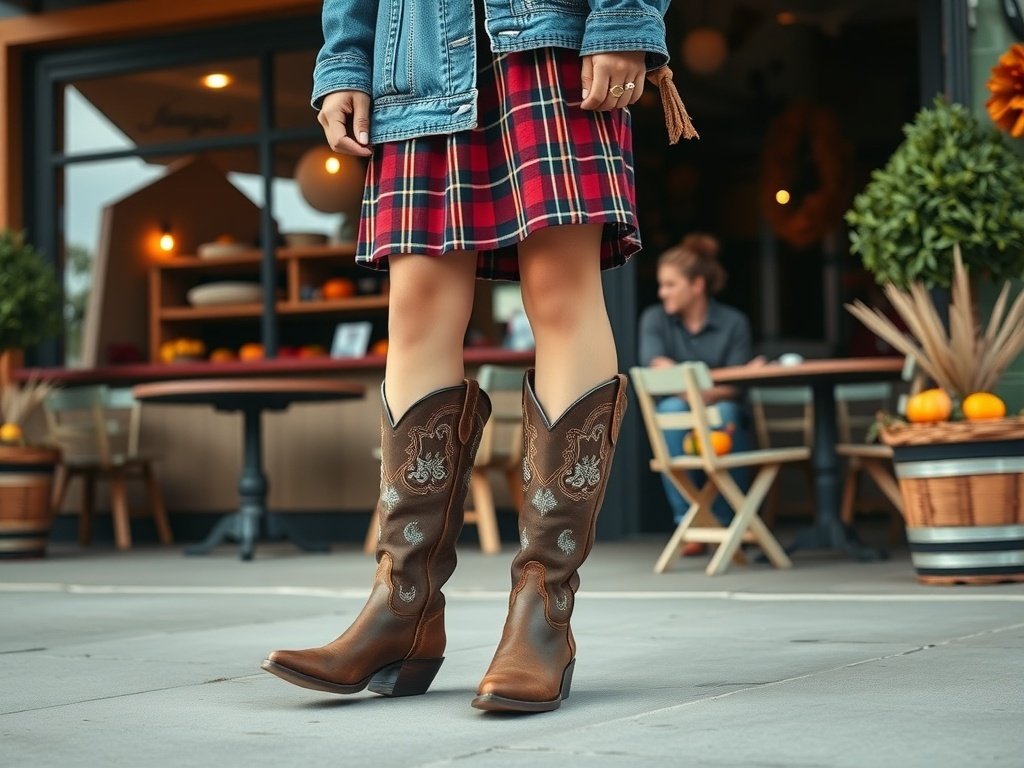 A woman wearing western-inspired ankle boots with a plaid skirt and denim jacket, standing outside a café.